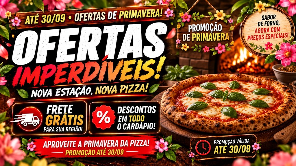 Primavera da Pizza: ofertas imperdíveis, frete grátis e descontos no cardápio. Válido até 30/09.