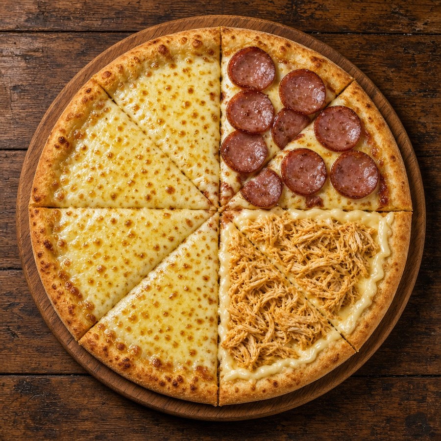 Pizza Média, 8 pedaços e três sabores